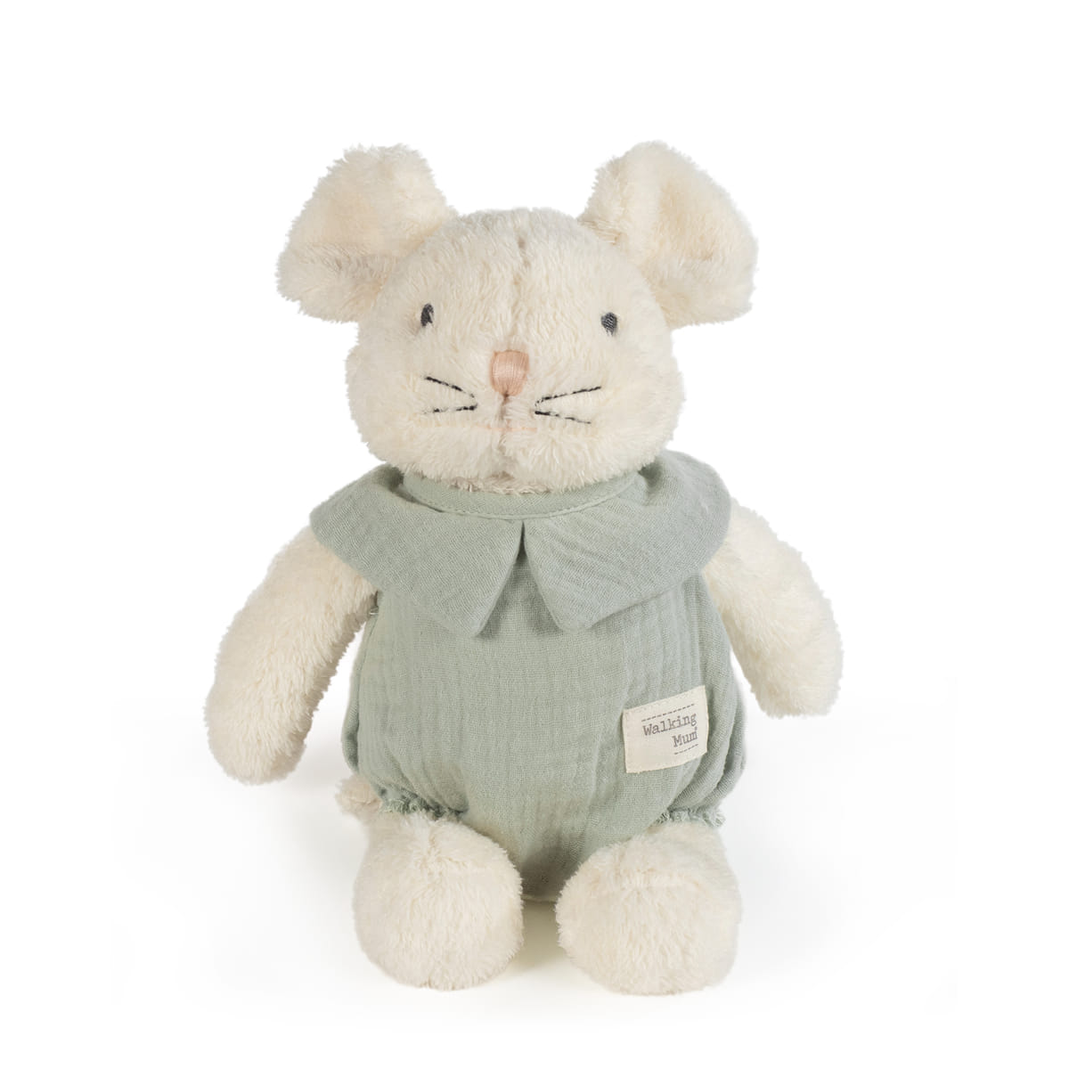 Boneco peluche rato creme com roupa verde clara e etiqueta