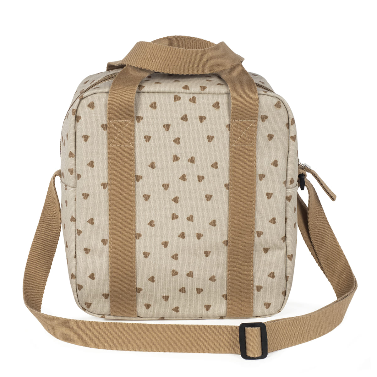 Mala quadrada bege com corações castanhos e alças castanhas.