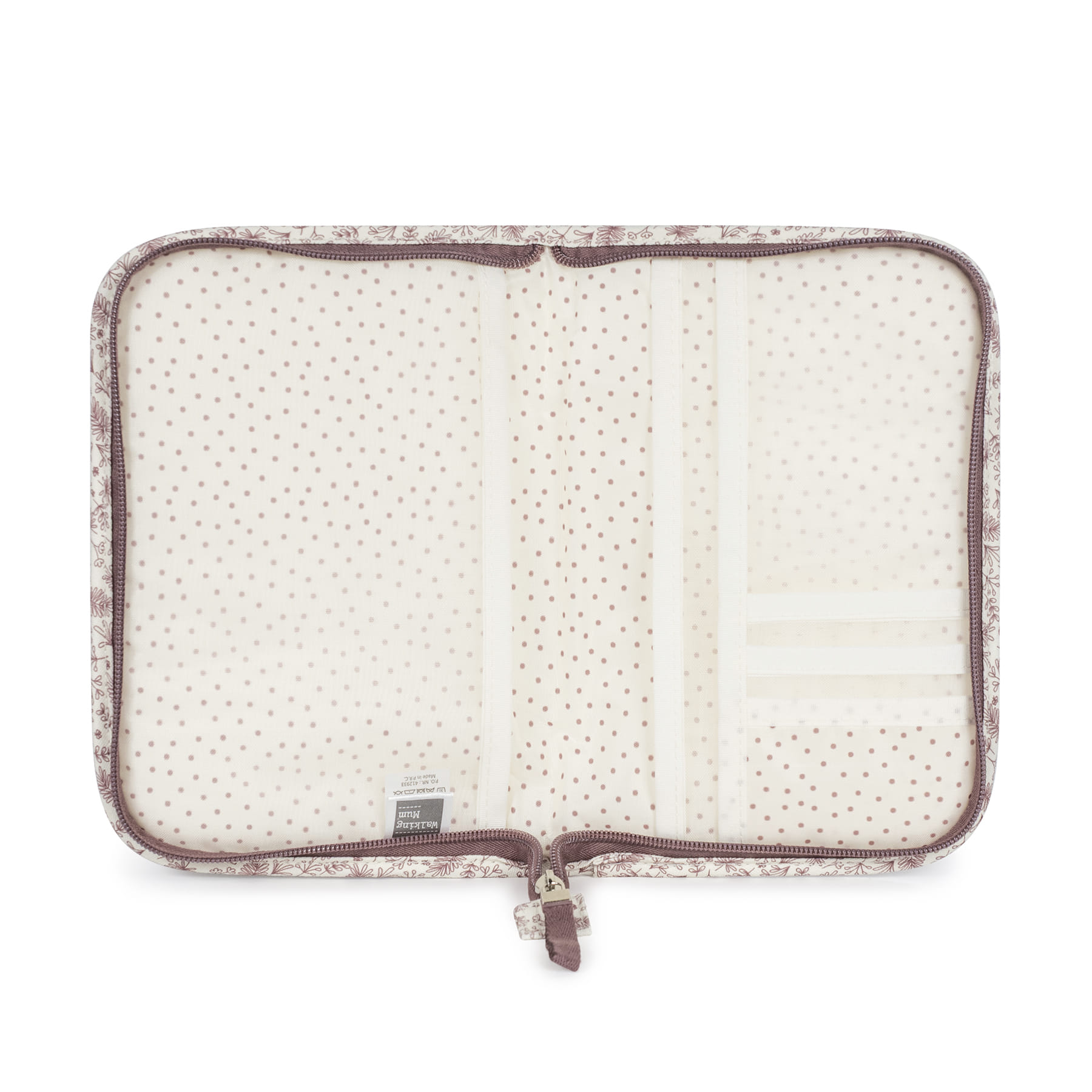 Carteira porta documentos creme com pontos castanhos e padrão floral castanho no fecho