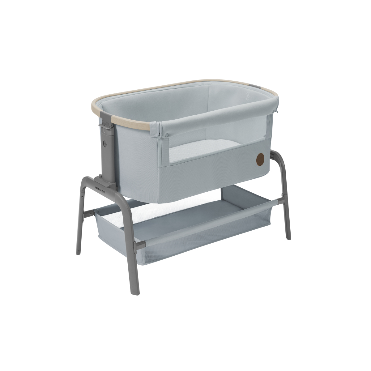 Berço de bebé cinza claro com estrutura metálica cinza e cesto inferior