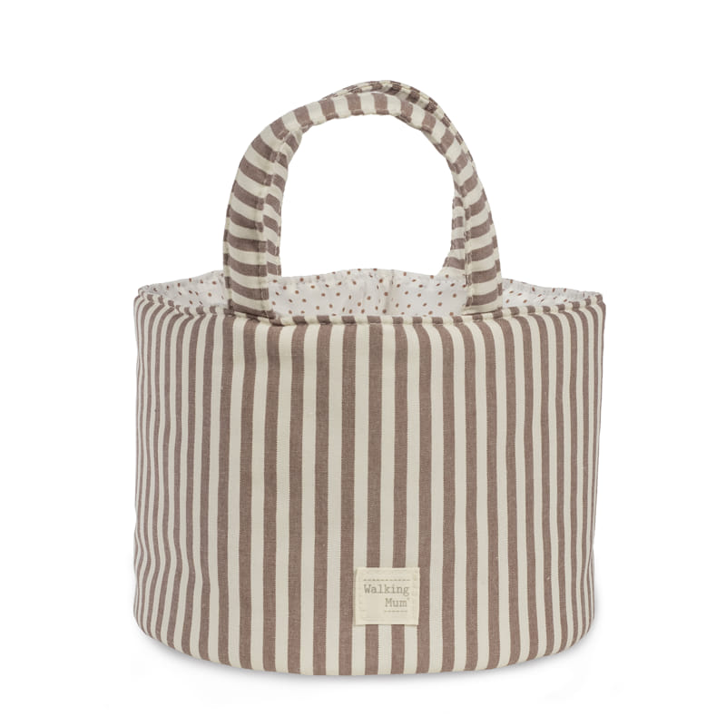 Mala de tecido com riscas castanhas e bege e etiqueta Walking Mum