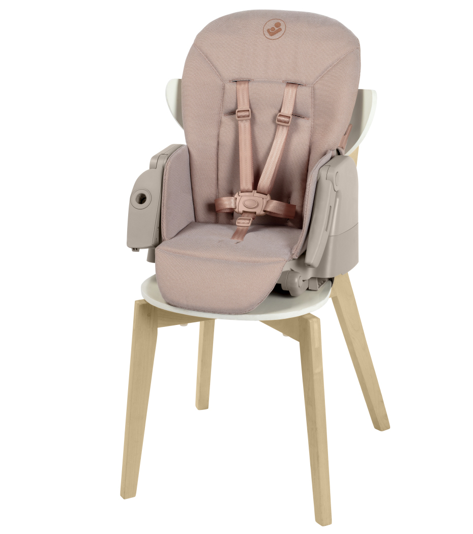 Cadeira alta para bebé cor rosa com cinto de segurança e pés de madeira clara