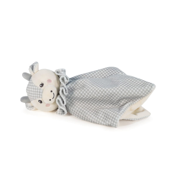 Boneco de peluche de vaca de tecido cinza e branco com padrão vichy e detalhes macios