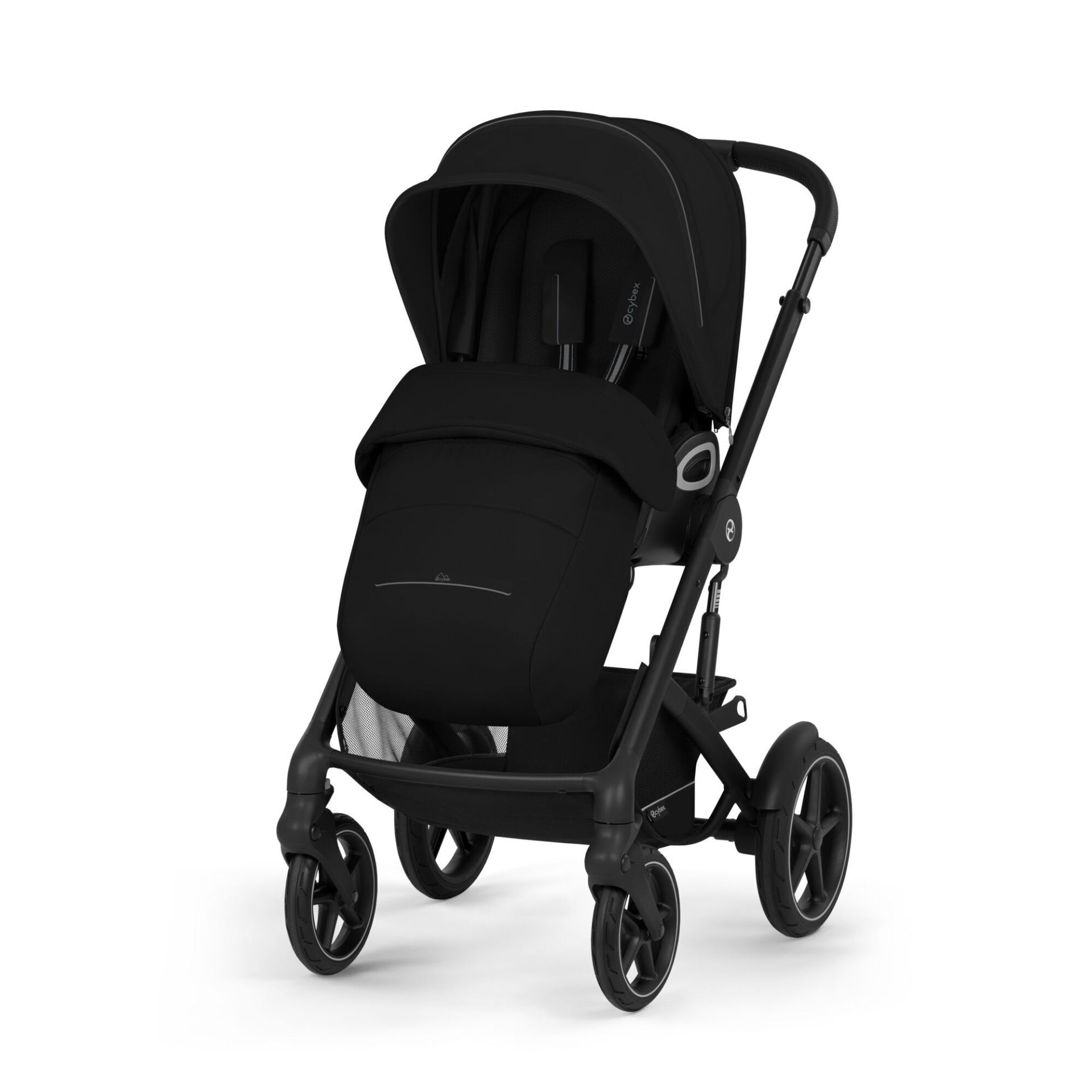 Carrinho de bebé preto da marca Cybex com capota e rodas grandes