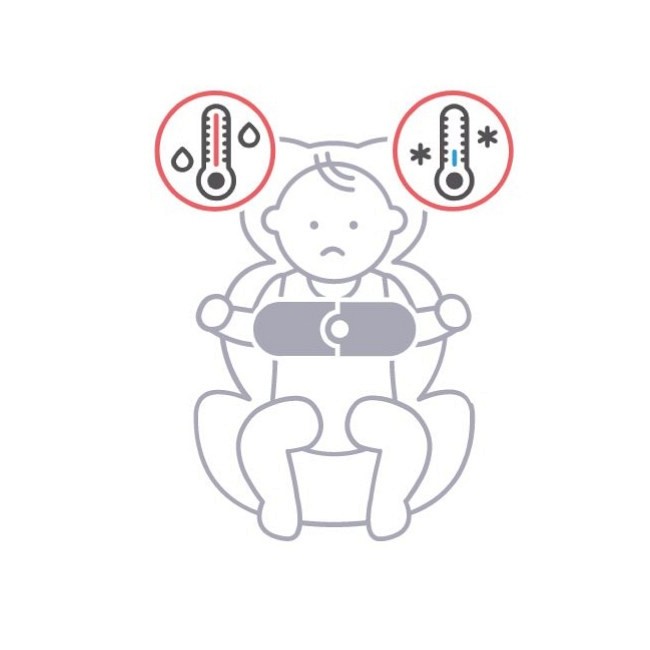 Desenho de bebé com dispositivo e ícones de temperatura