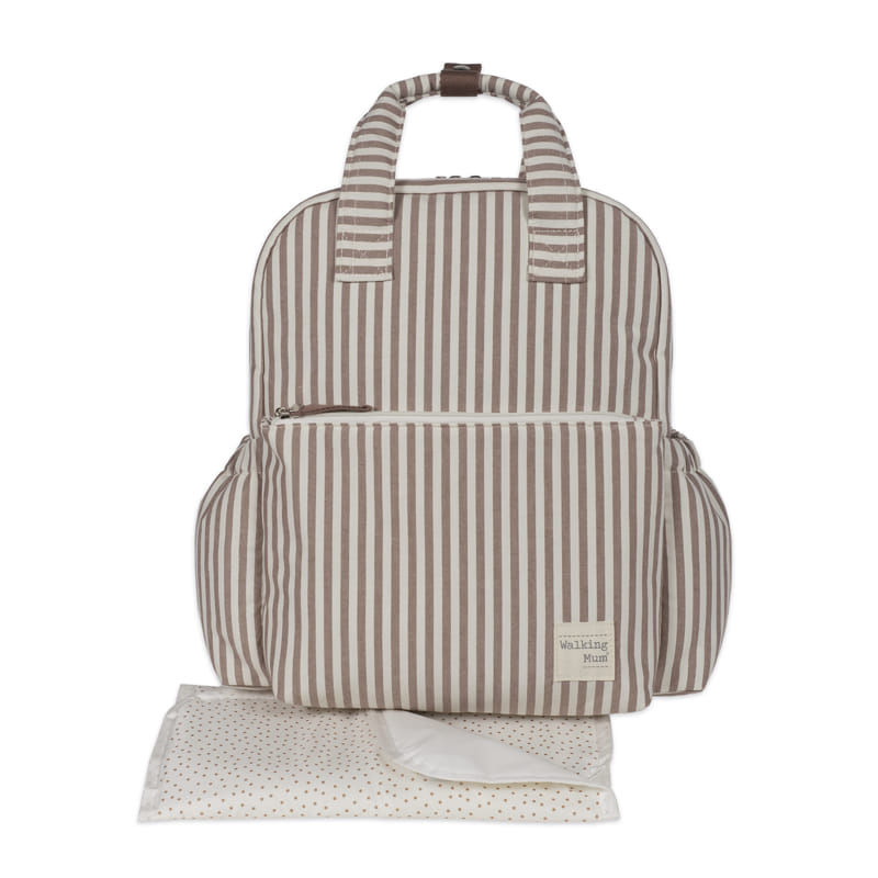 Mochila riscada bege e branco com manta de pontos castanhos