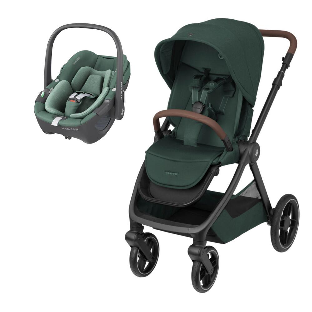 Carrinho de bebé e cadeirinha para automóvel verde escuro com detalhes castanhos da marca MAXI-COSI