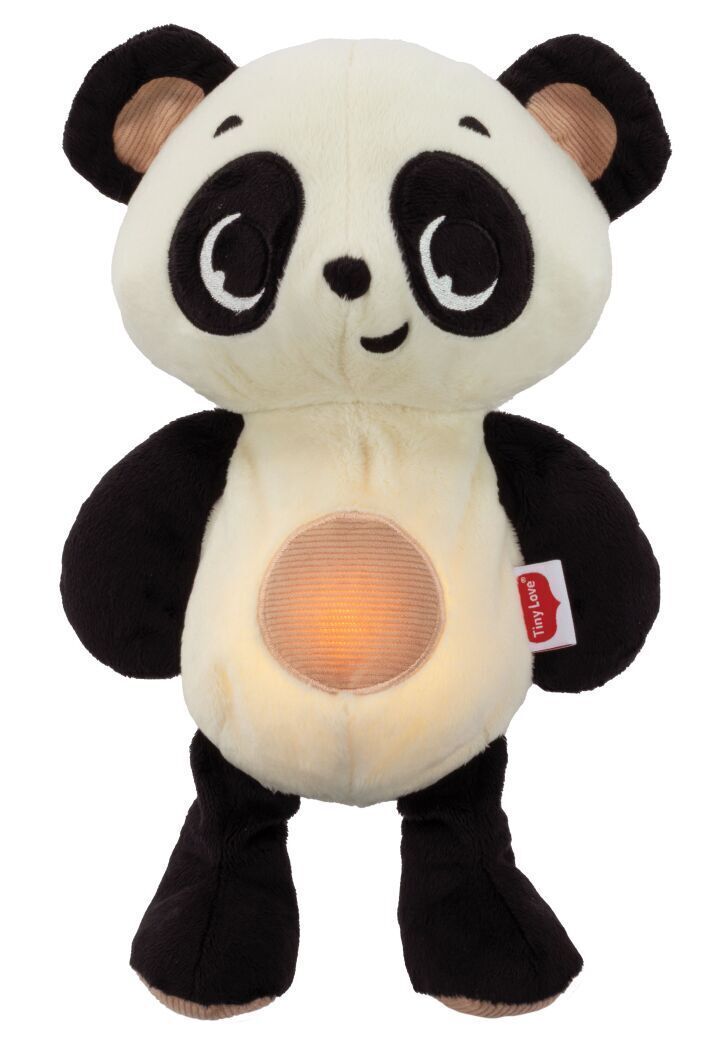 Peluche de panda preto e branco com barriga iluminada e etiqueta Tiny Love
