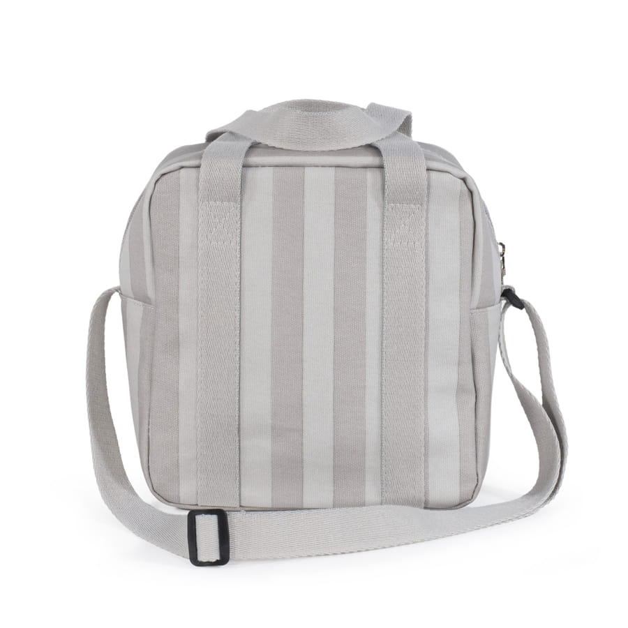 Mala quadrada cinzenta com alças e riscas verticais