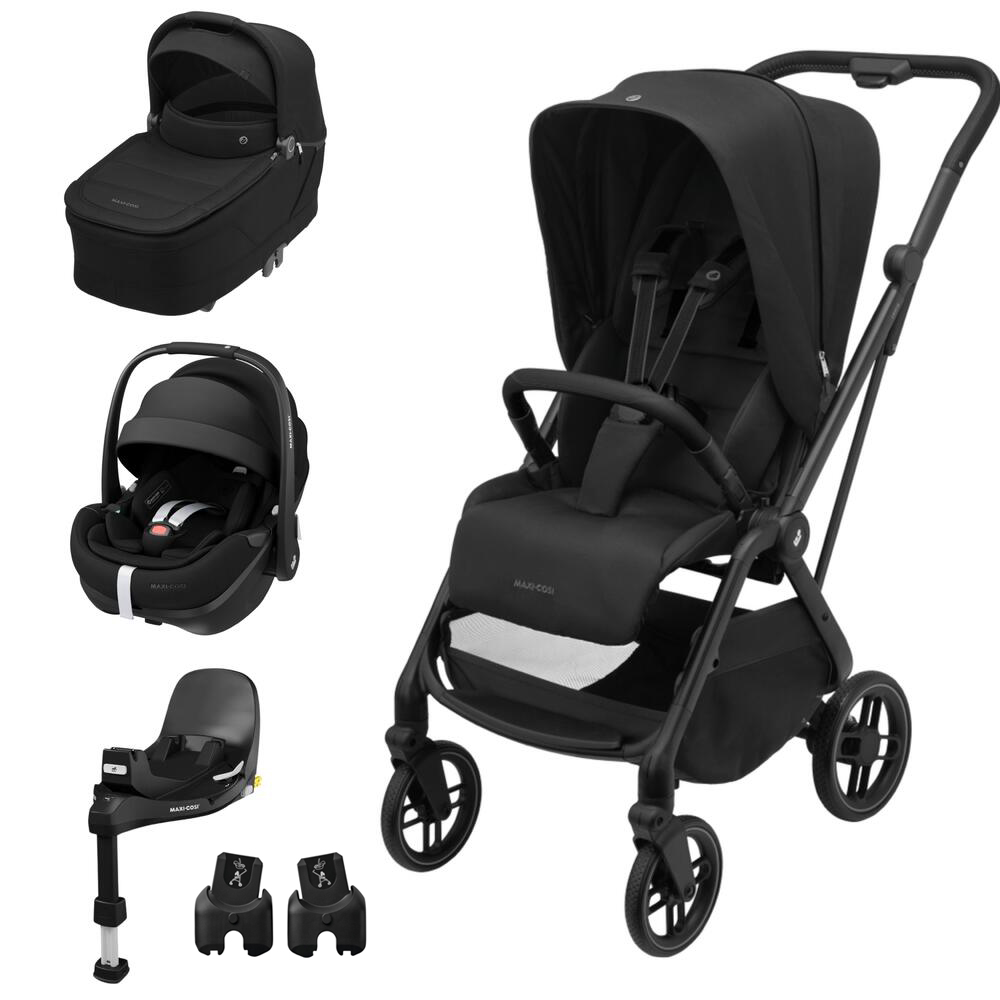 Conjunto para bebé com carrinho preto, assento para carro, base de automóvel e mó prateada