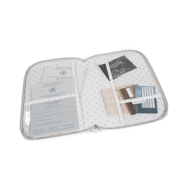 Organizador de documentos em tecido branco com padrão de triângulos cinzentos aberto