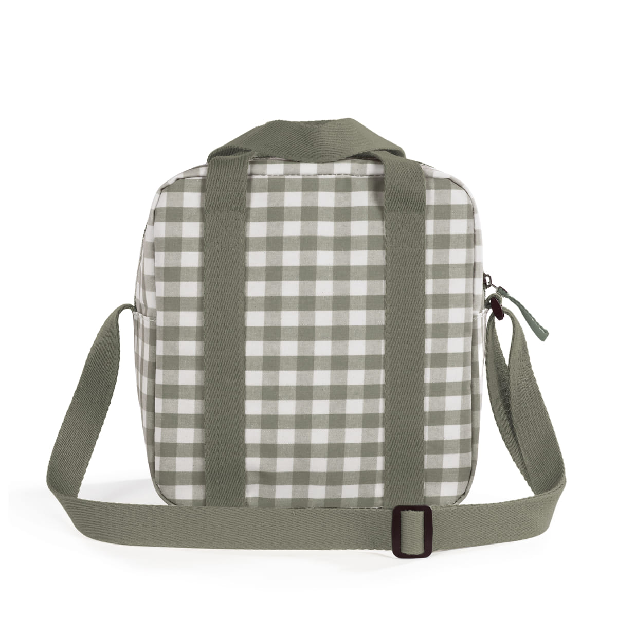 Bolsa quadrada de tecido xadrez verde e branco com alças verdes ajustáveis.