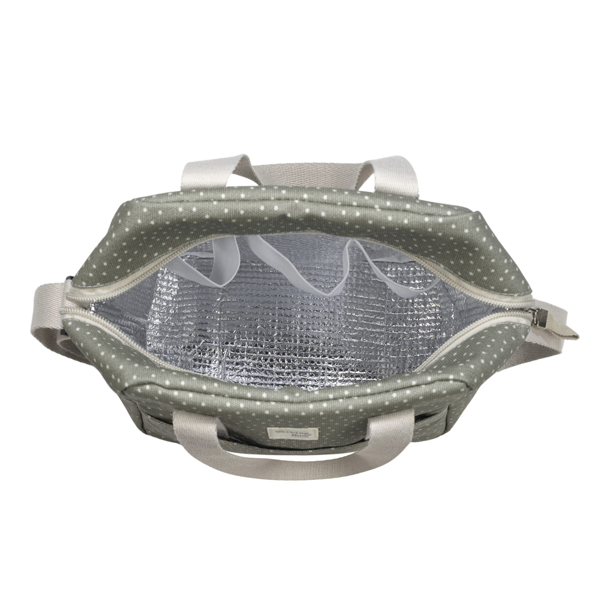 Mala térmica cinza com estrelas brancas e interior térmico prateado vista de cima