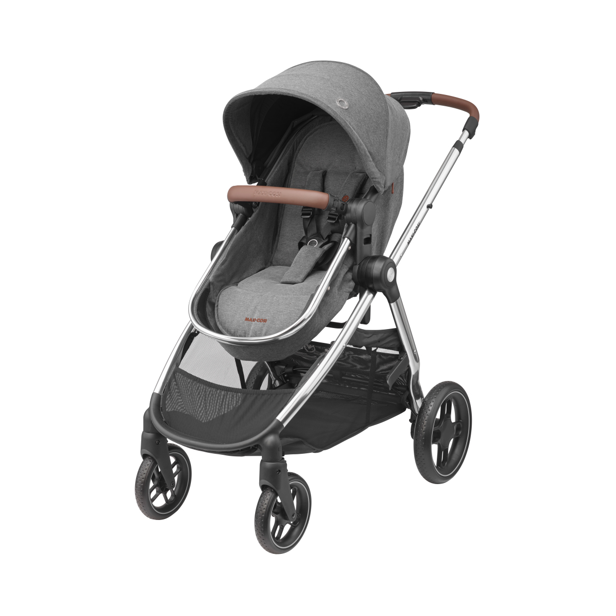 Carrinho de bebé cinzento com estrutura metálica e rodas pretas