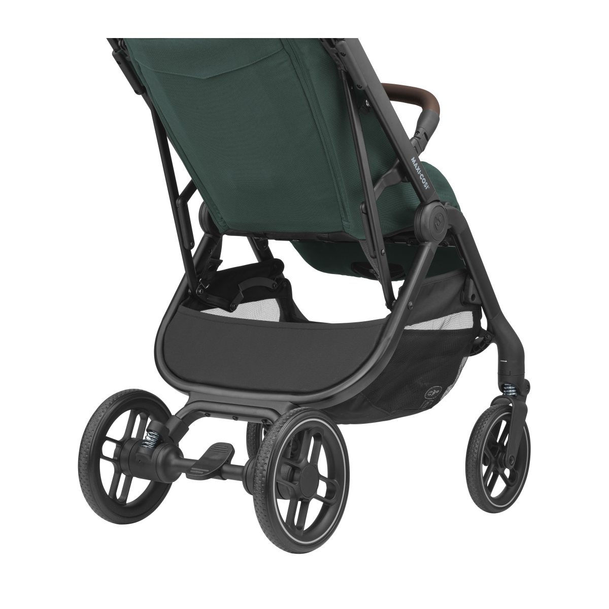Carrinho de bebé verde escuro com estrutura preta e rodas robustas