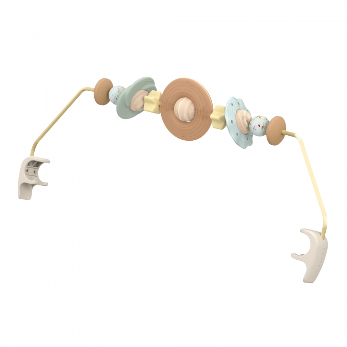 Brinquedo para bebé em madeira e plástico com elementos coloridos em tons pastel