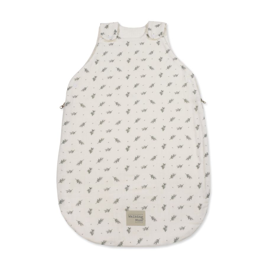 Saco de dormir branco para bebé com padrão de folhas cinzentas