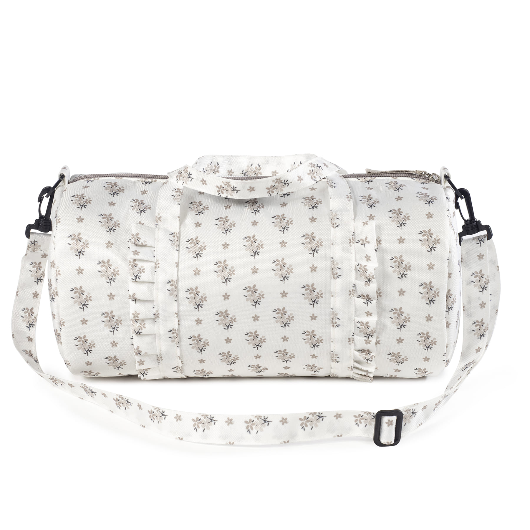 Mala saco branca com padrão de flores e alça ajustável