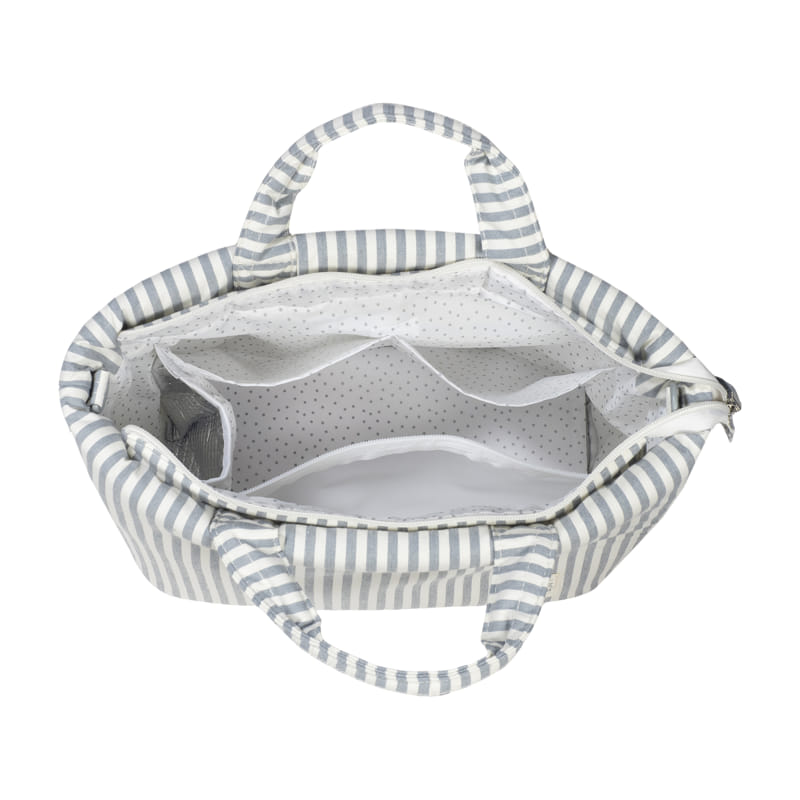 Mala riscada cinzento e branco com interior branco e estrelas cinzentas