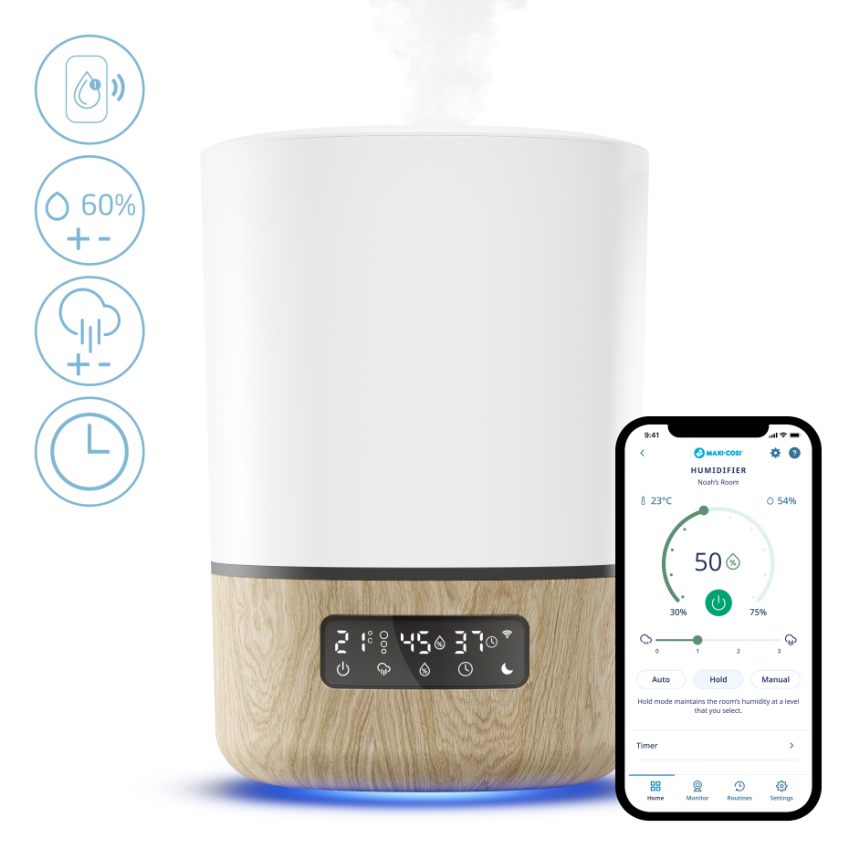 Humidificador branco com base de madeira e visor digital, controlado por smartphone