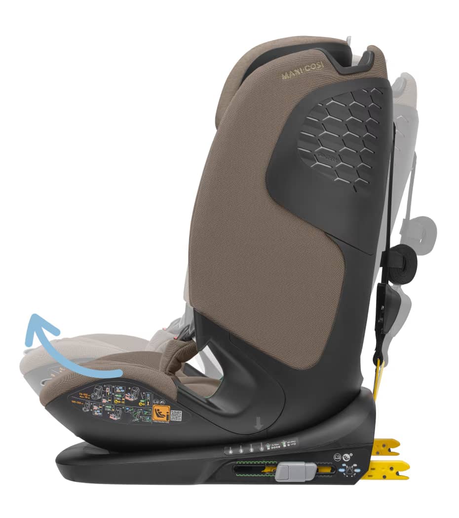 Banco de carro infantil castanho com base preta e sistema ISOFIX amarelo