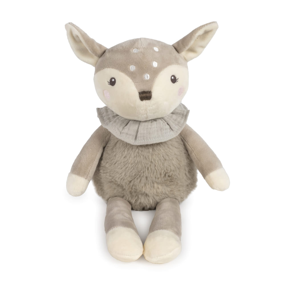 Ursinho de peluche em forma de veado cinzento e creme com babado cinzento