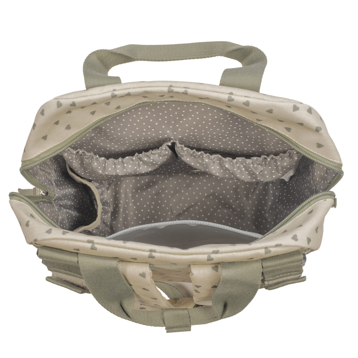 Mala de bebé bege com bolsos interiores com padrão de bolinhas e corações