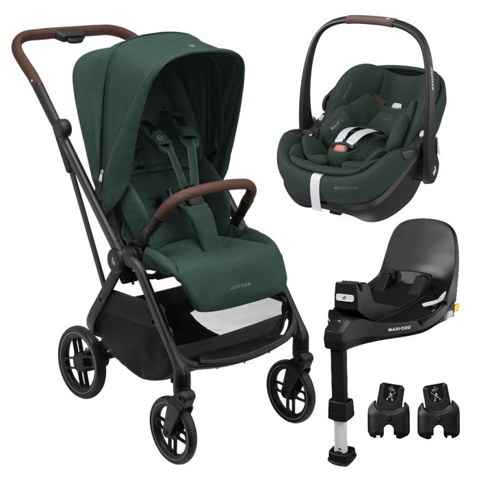 Carrinho de bebé verde escuro com ovo e base