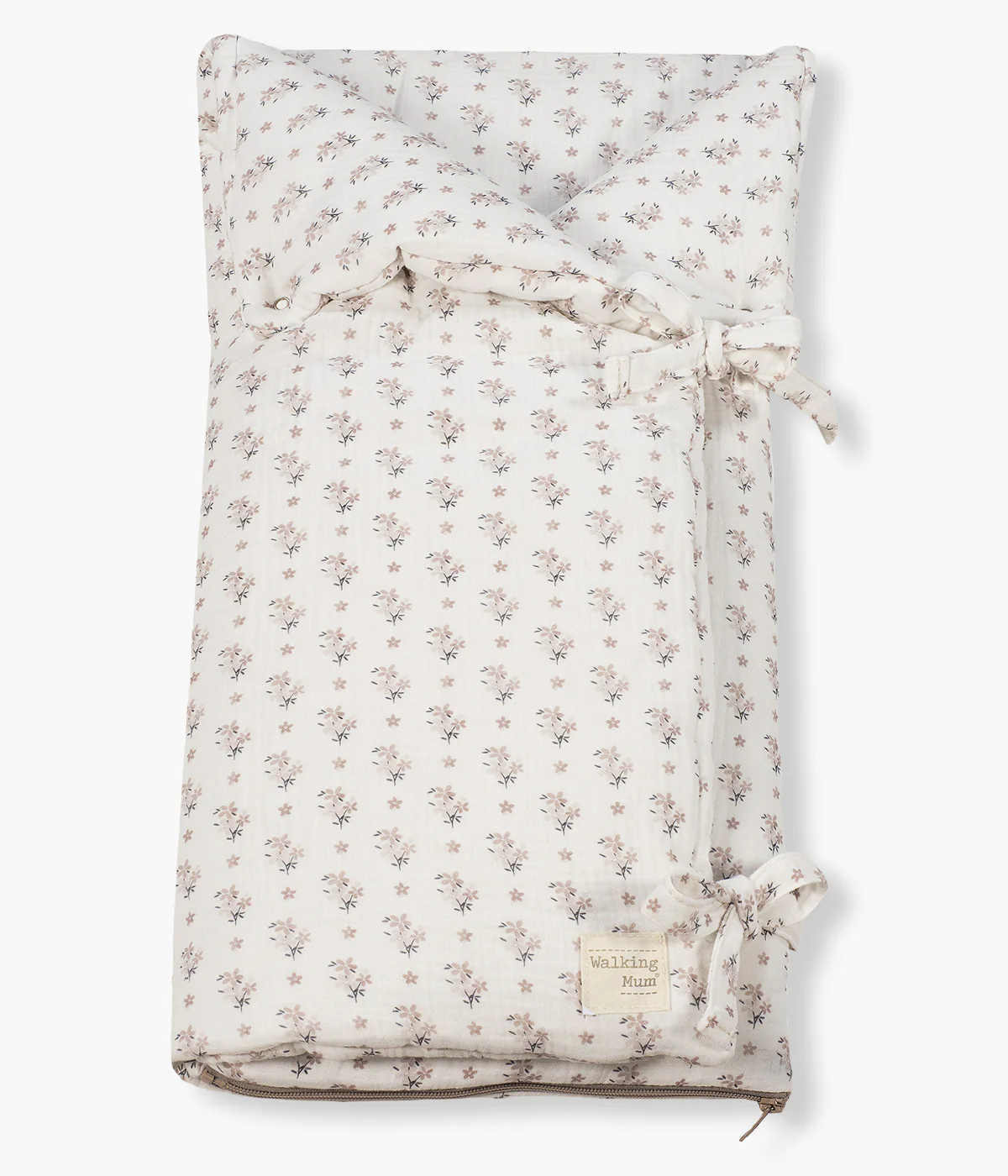 Saco de bebé branco com padrão de flores cinzentas e laços