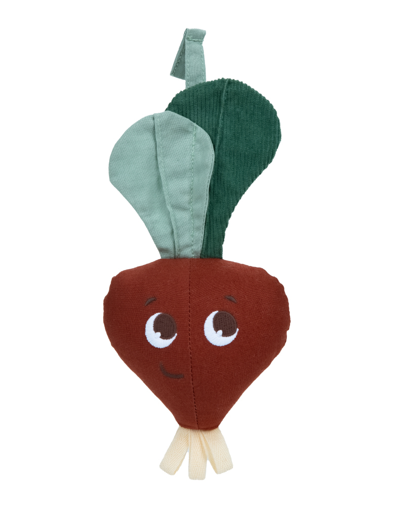 Brinquedo macio em forma de beterraba com olhos bordados