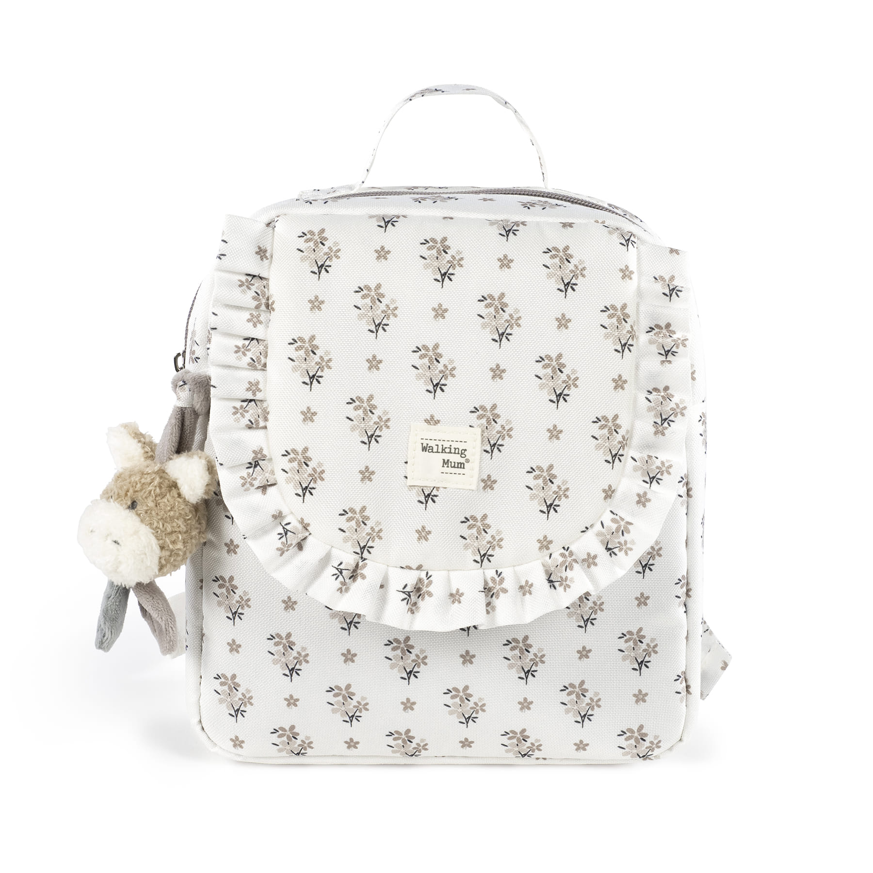 Mochila branca com padrão floral e pendente de peluche