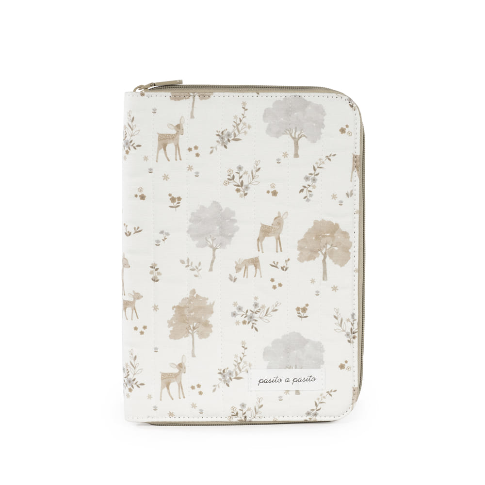 Estojo branco com padrão de árvores e veados e fecho de correr