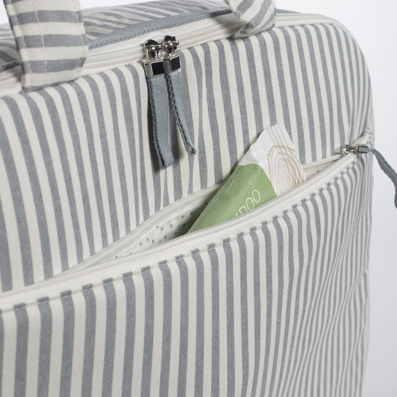 Mala às riscas cinza e branco com fecho e bolso exterior