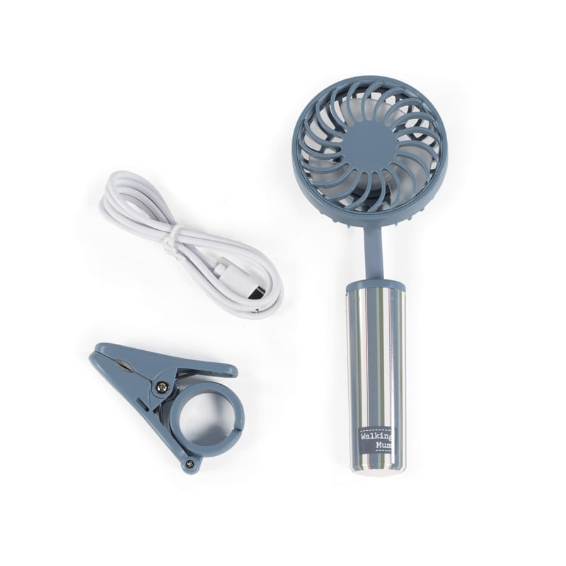 Ventoinha portátil azul claro com cabo USB e clipe de fixação