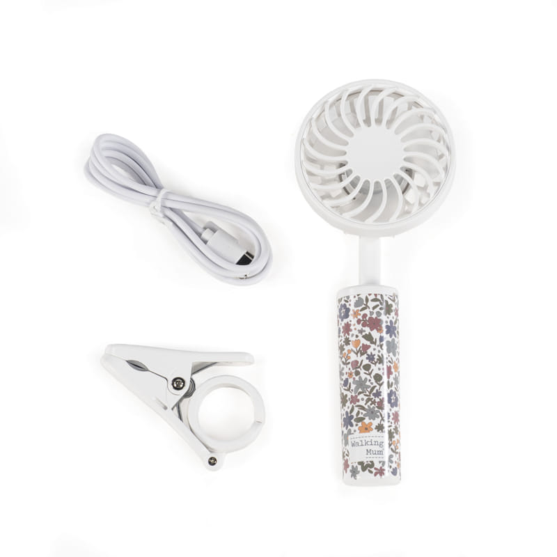 Ventoinha portátil branca com padrão floral no cabo, cabo USB e suporte plástico branco