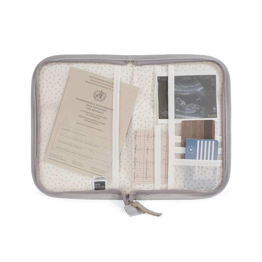 Estojo organizador tecido bege com documentos, ecografia, cartões e gráfico