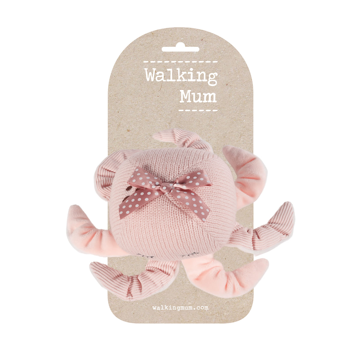 Brinquedo de peluche rosa em embalagem com texto Walking Mum