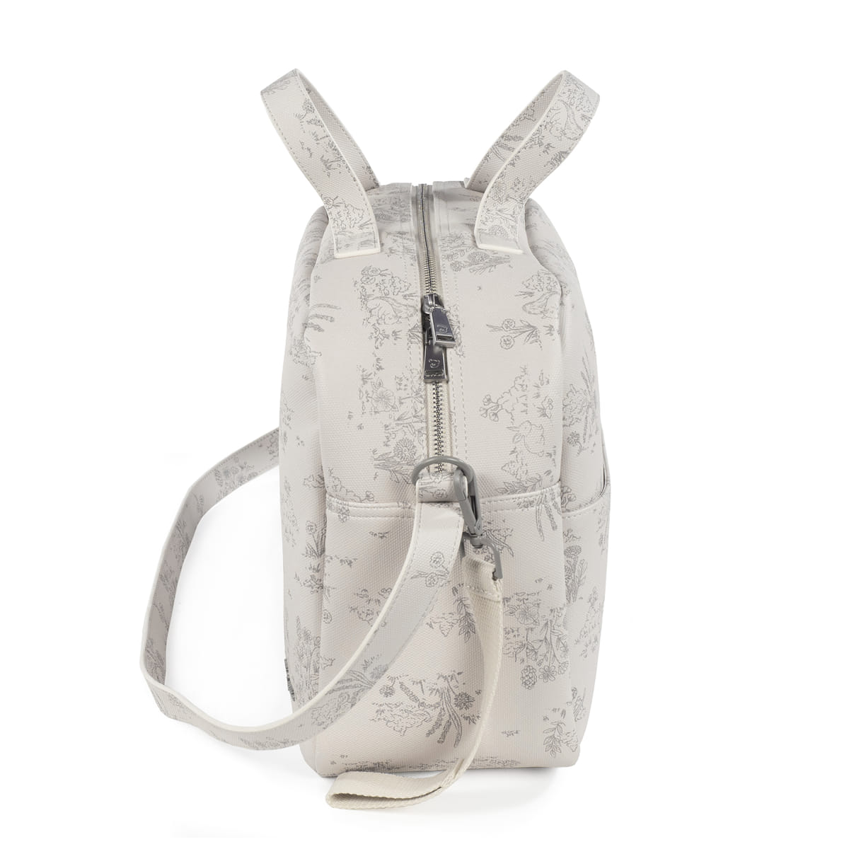 Mala mochila bege claro com padrão floral cinza vista lateral