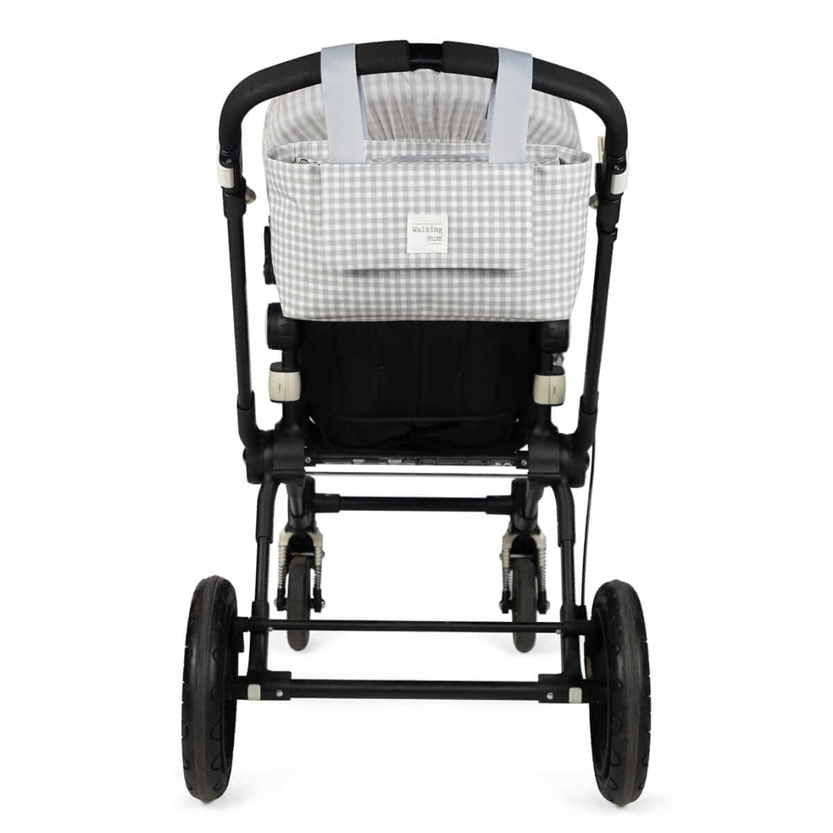 Carrinho de bebé preto com bolsa cinza quadriculada e etiqueta BACK TOYOU