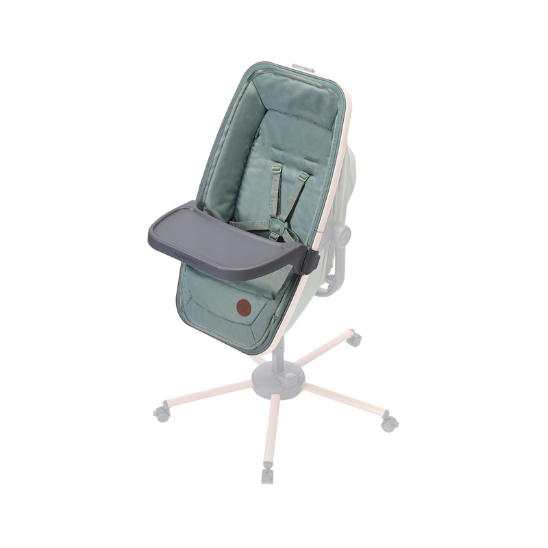 Cadeira de bebé azul esverdeado com bandeja cinza numa estrutura com rodas