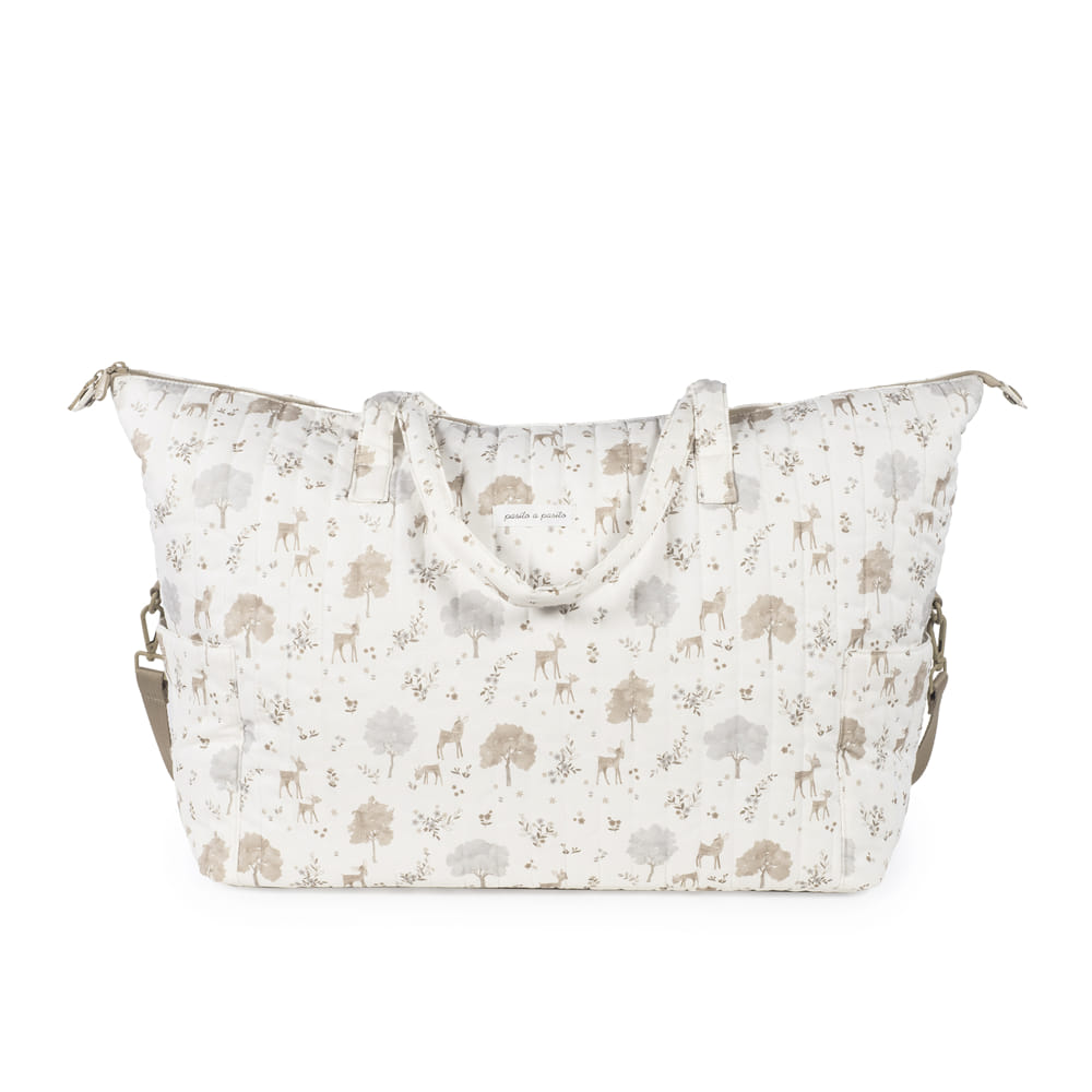 Mala de tecido com padrão de animais e árvores em bege e cinza
