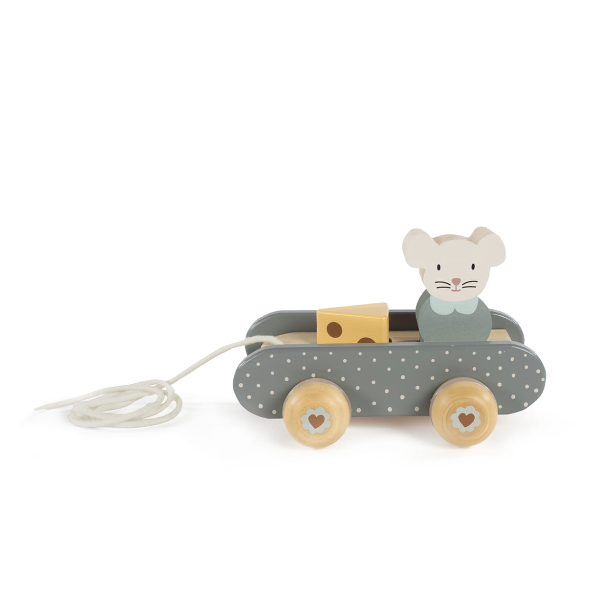 Brinquedo de carrinho de madeira cinzento com rato e queijo