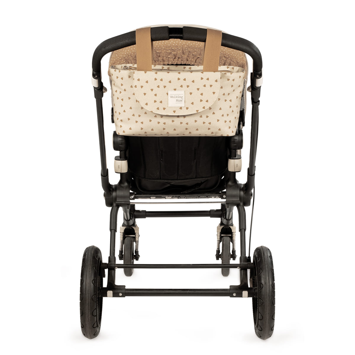 Carrinho de bebé com bolsa bege e padrão de estrelas na parte de trás