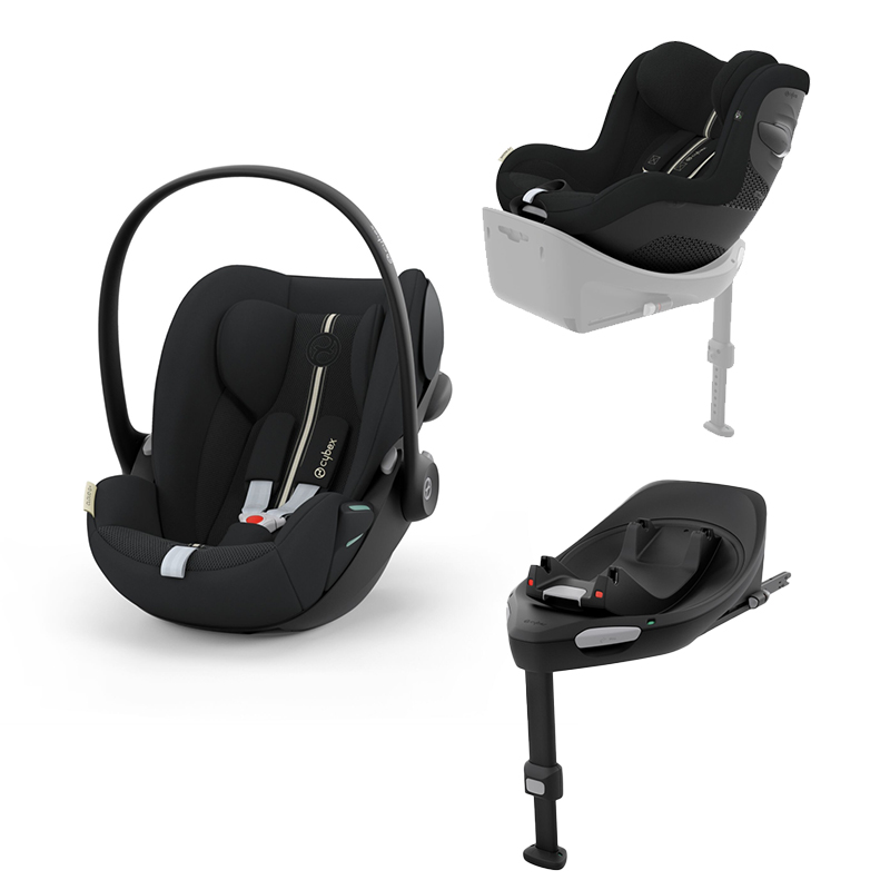 Sistema de assento auto para bebé preto com base cinzenta e arnês