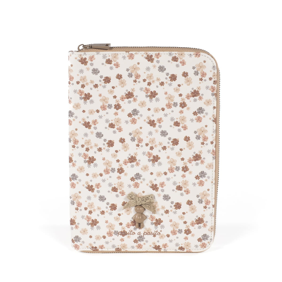 Estojo retangular com fecho zip e padrão floral bege e castanho