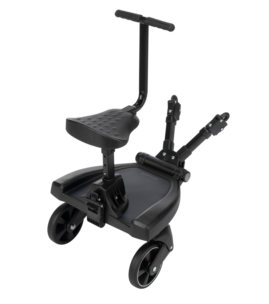 Carrinho de criança preto com assento, rodas e pega em T