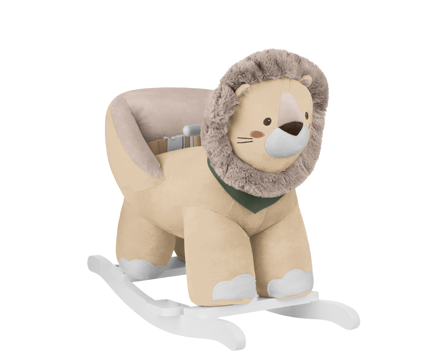 Brinquedo de baloiço infantil em forma de leão em peluche bege e castanho claro