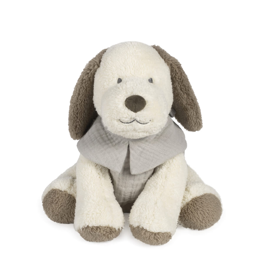 Peluche de cão creme e castanho com lenço cinzento