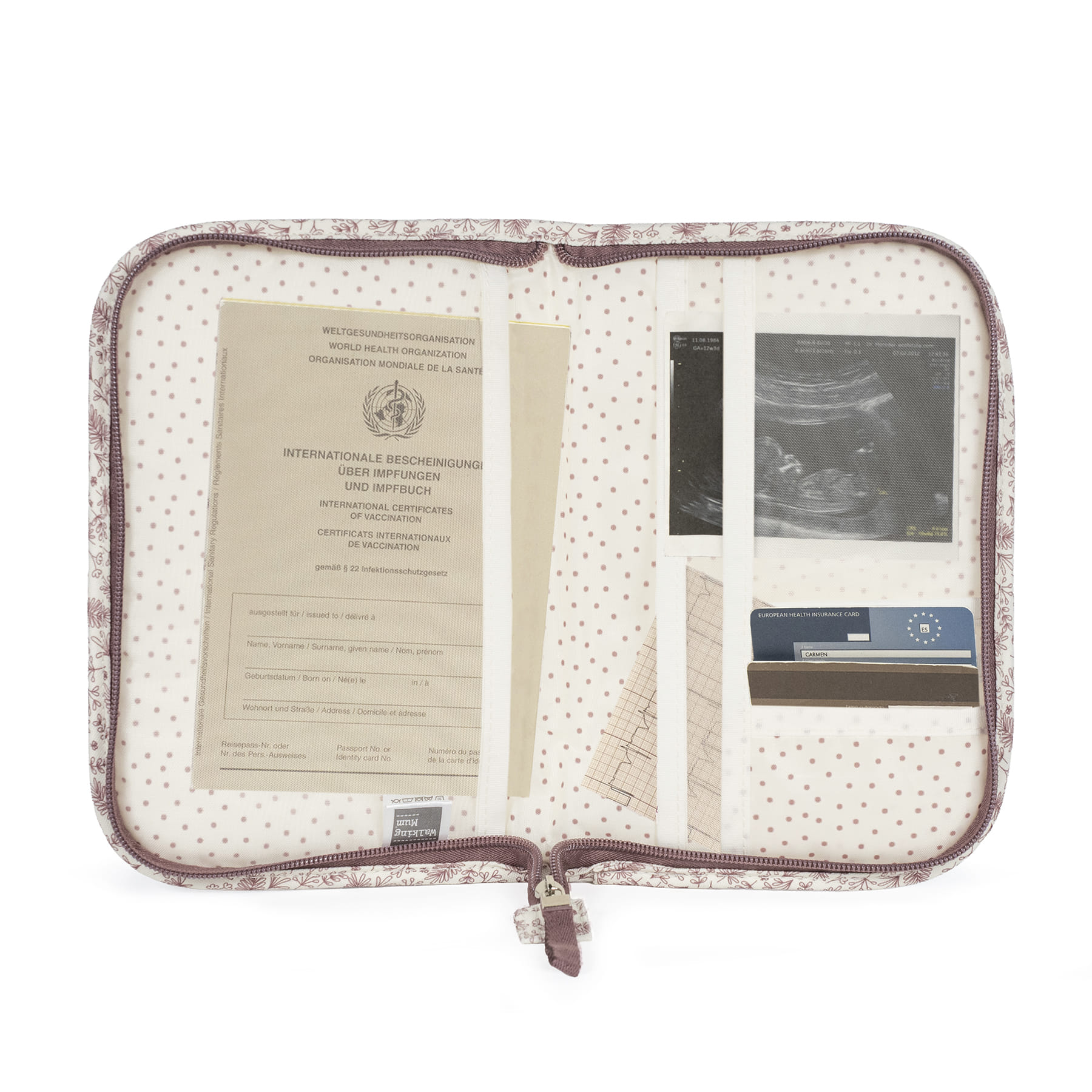 Carteira de tecido rosa com documentos organizados