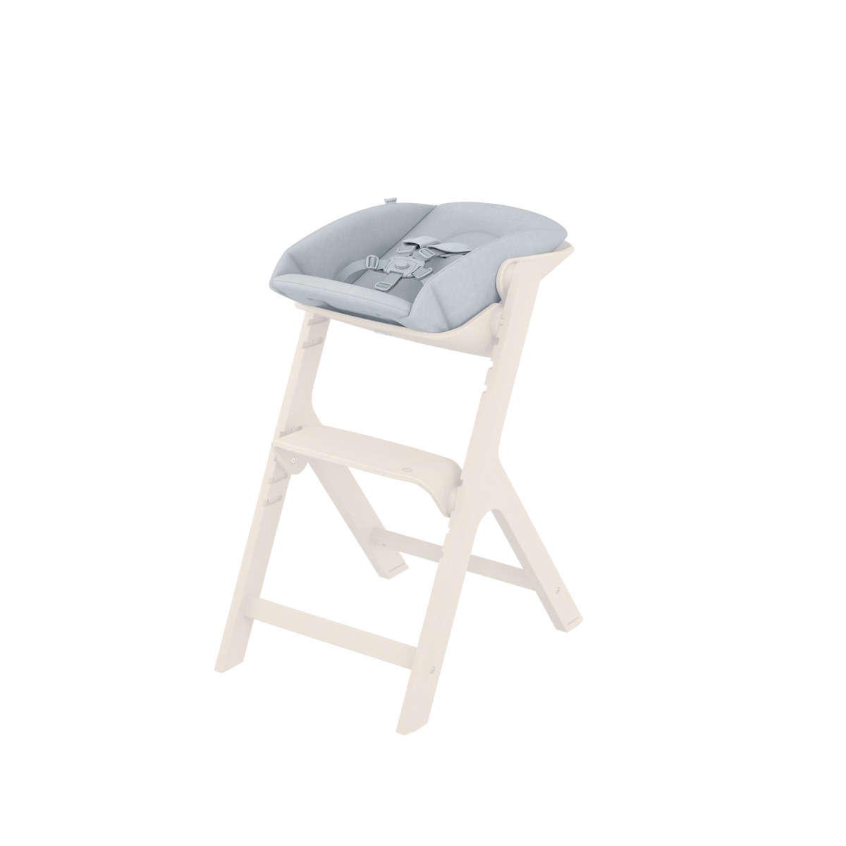 Cadeira alta para bebés com estrutura de madeira branca e assento almofadado cinzento
